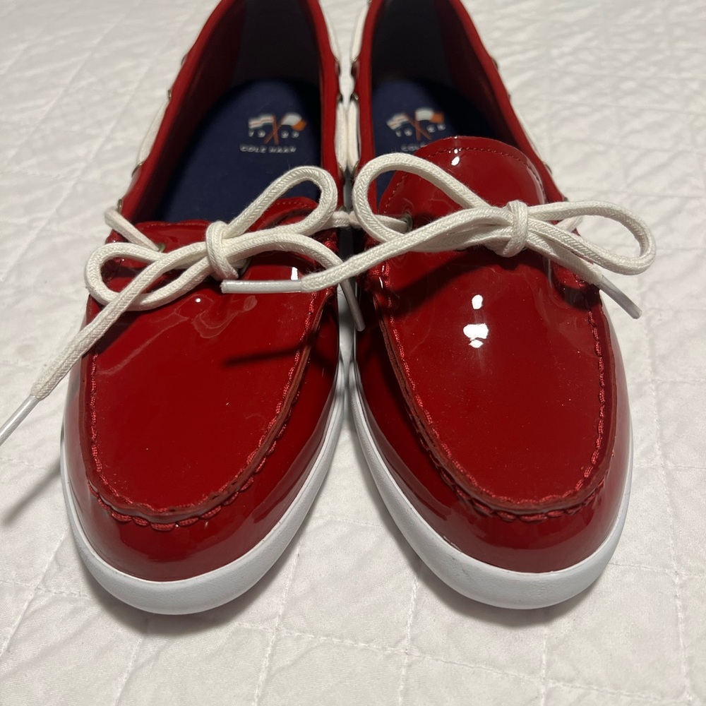 Cole Haan 1928 Red Patent Boat Shoes White Laces Slip-On Flats